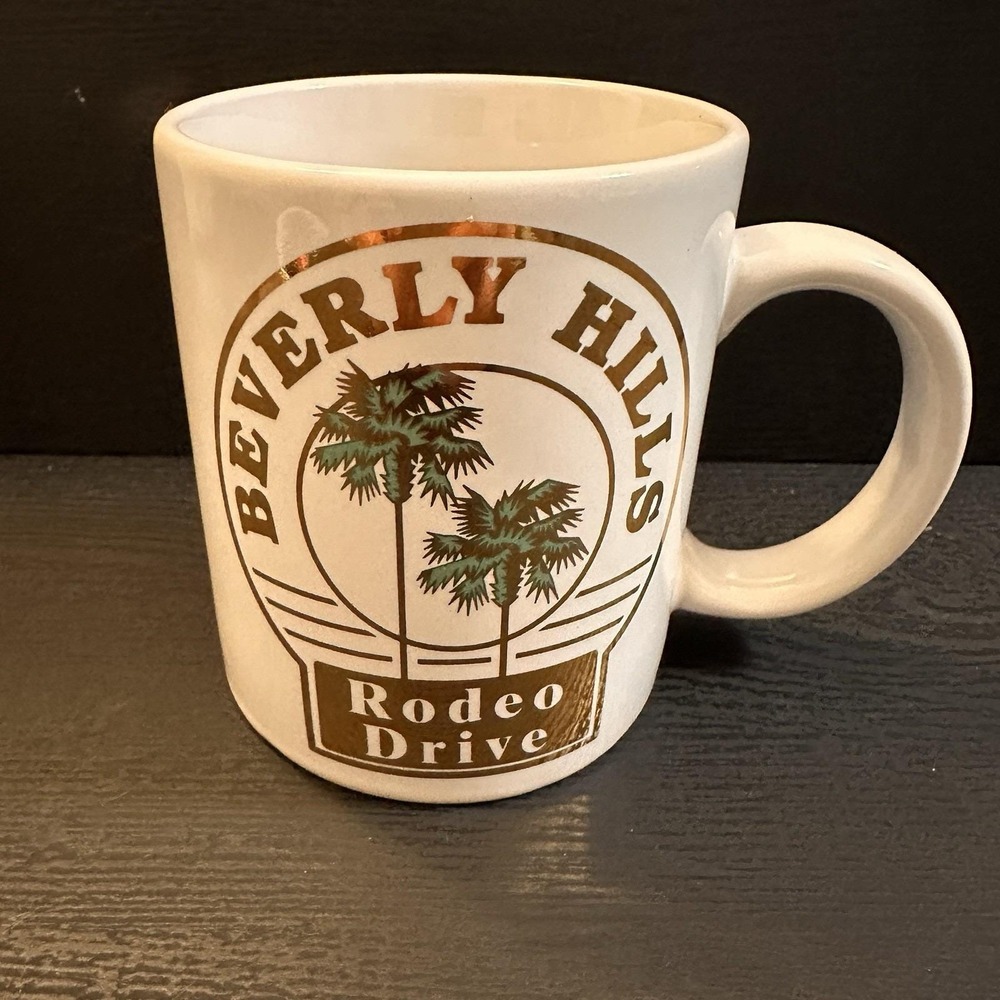 Vintage 1994 Beverly Hills Rodeo Drive Coffee‎ Mug Gold Green Palm Trees 90s Era